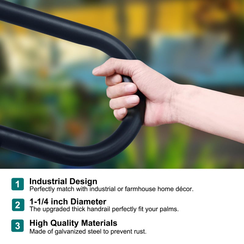 HouseAid Industrial Pipe Handrail for 1-2 Step Stairs, Farmhouse Stair Hand Railing Grab Bars with 1-1/4 Inch Diameter Pipe, Vintage Style U-Shape Safety Handle, Wall Mounted, Matte Black - Image 5